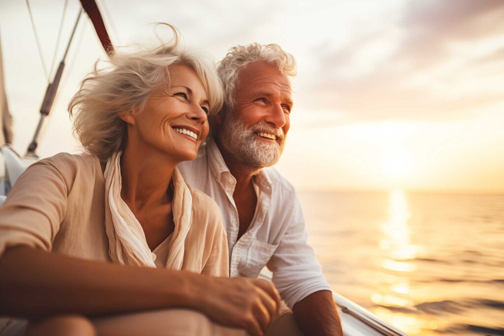 two seniors smiling while on a boat on the water